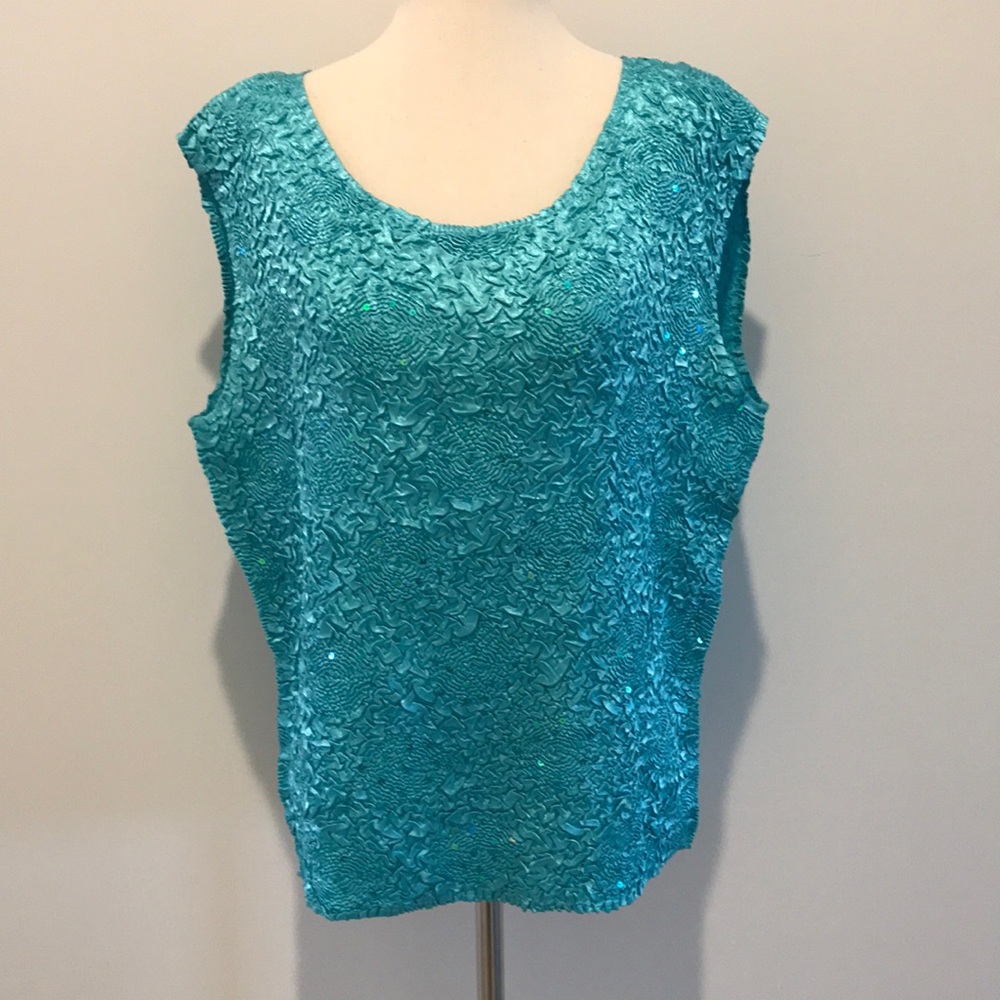 Vintage Sleeveless Teal Sequin Tank Top with Matching Button Down Blouse - Picture 7 of 17